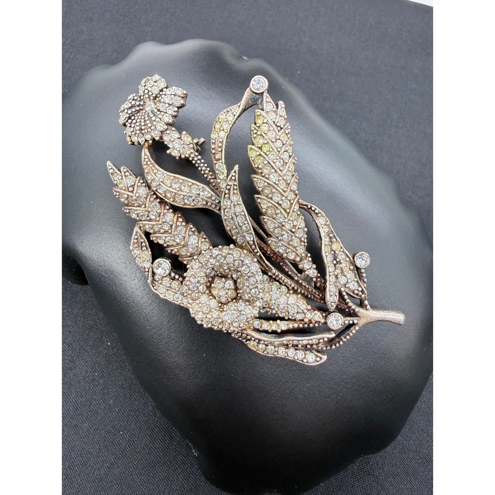 Vintage Floral Wheat Spray Brooch Silver Tone Rhinestone Pave Botanical Pin - Picture 2 of 5